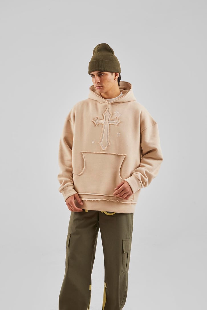 Nakış Detaylı Bej Oversize Hoodie