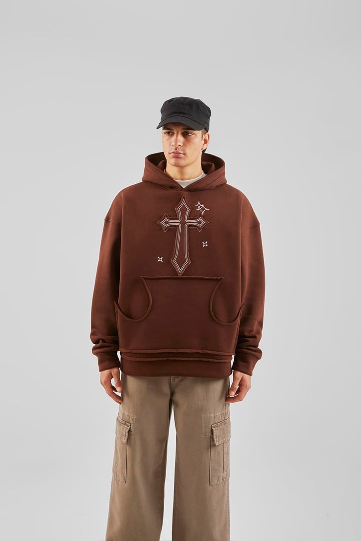 Nakış Detaylı Bej Oversize Hoodie