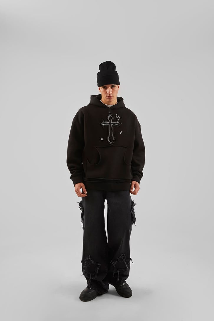 Nakış Detaylı Gri Oversize Hoodie