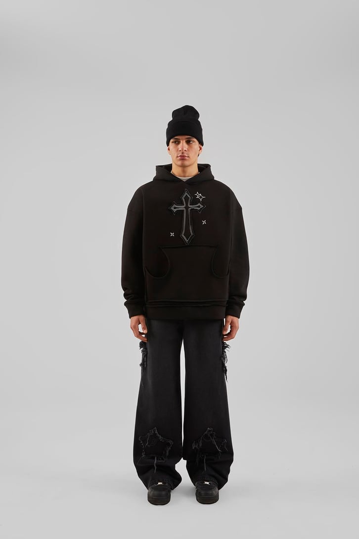 Nakış Detaylı Gri Oversize Hoodie