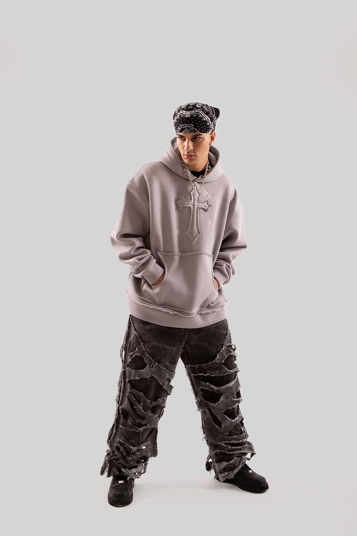 Nakış Detaylı Gri Oversize Hoodie
