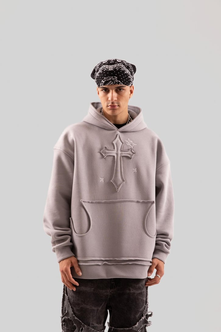 Nakış Detaylı Gri Oversize Hoodie