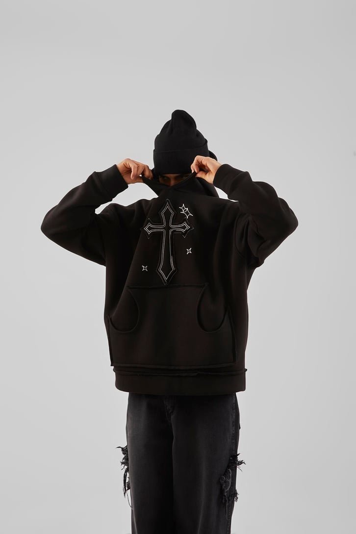 Nakış Detaylı Gri Oversize Hoodie