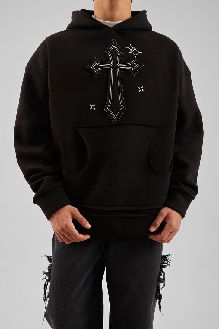 Nakış Detaylı Gri Oversize Hoodie