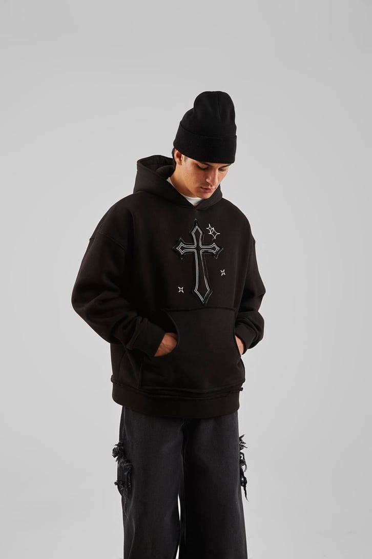 Nakış Detaylı Gri Oversize Hoodie