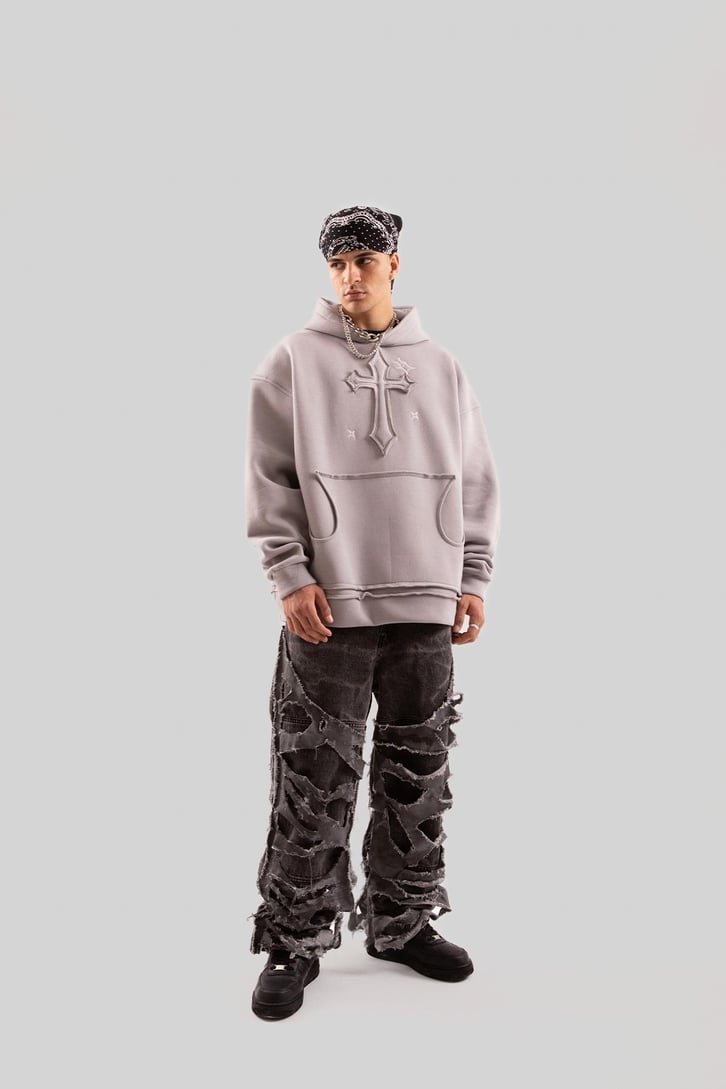 Nakış Detaylı Gri Oversize Hoodie