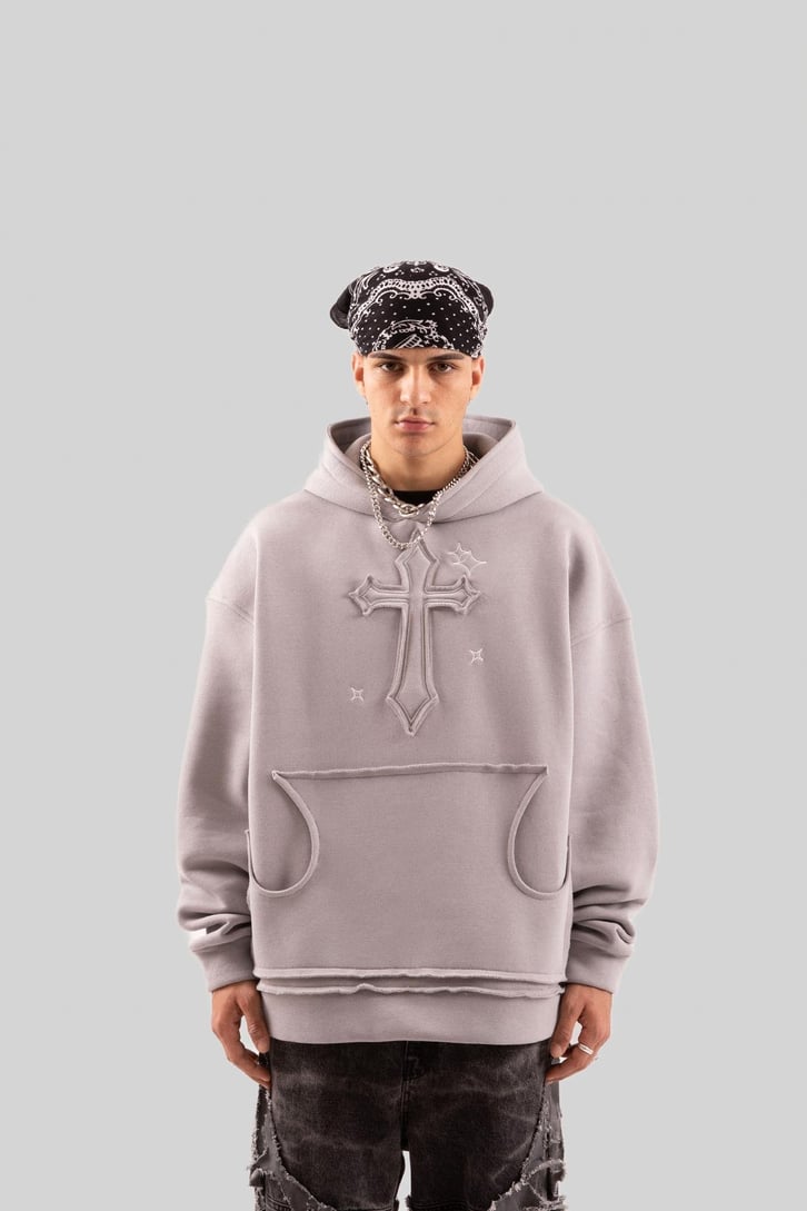 Nakış Detaylı Gri Oversize Hoodie