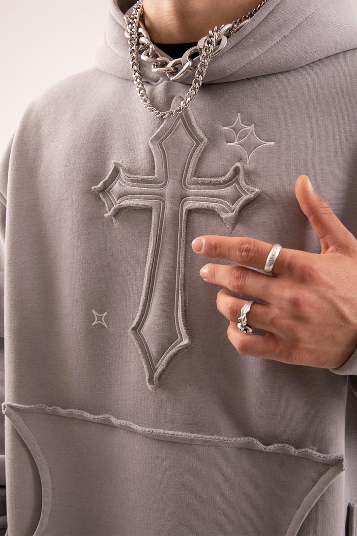 Nakış Detaylı Gri Oversize Hoodie
