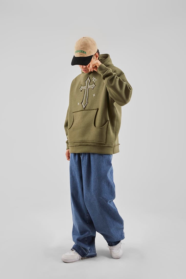 Nakış Detaylı Haki Oversize Hoodie