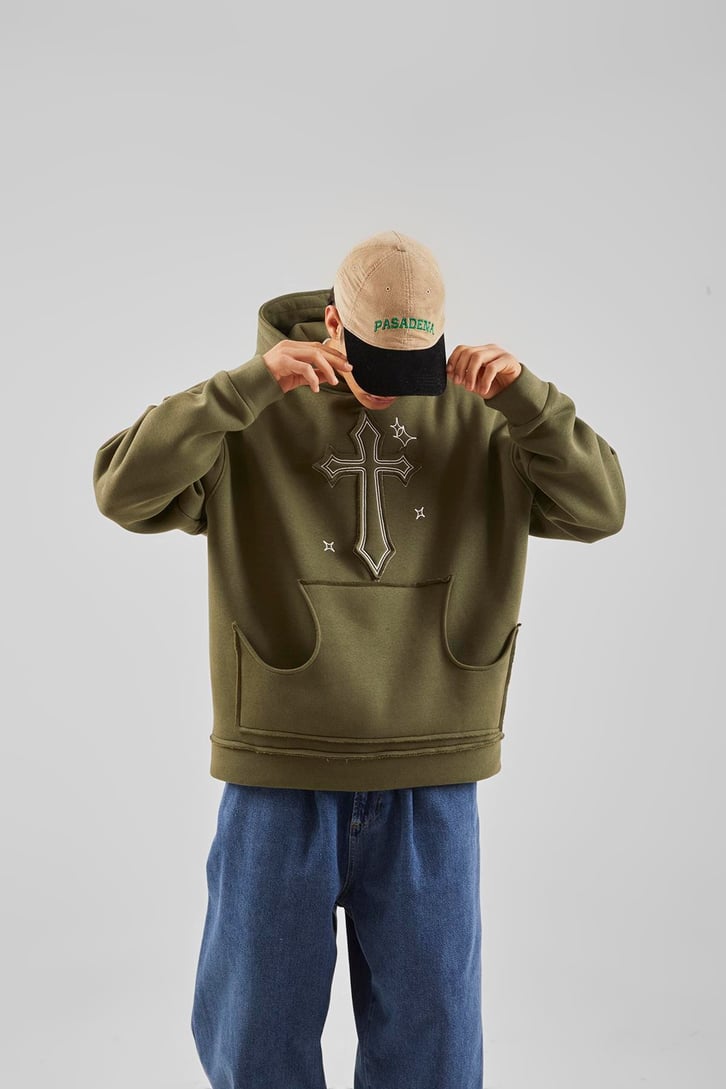 Nakış Detaylı Haki Oversize Hoodie