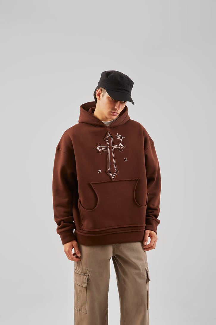 Nakış Detaylı Kahverengi Oversize Hoodie