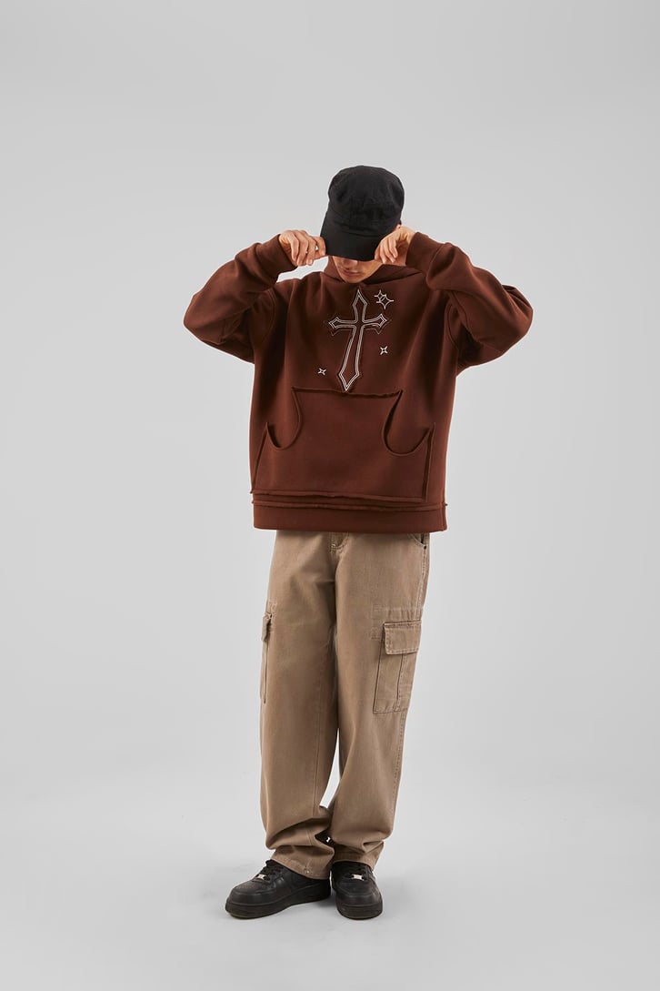 Nakış Detaylı Kahverengi Oversize Hoodie
