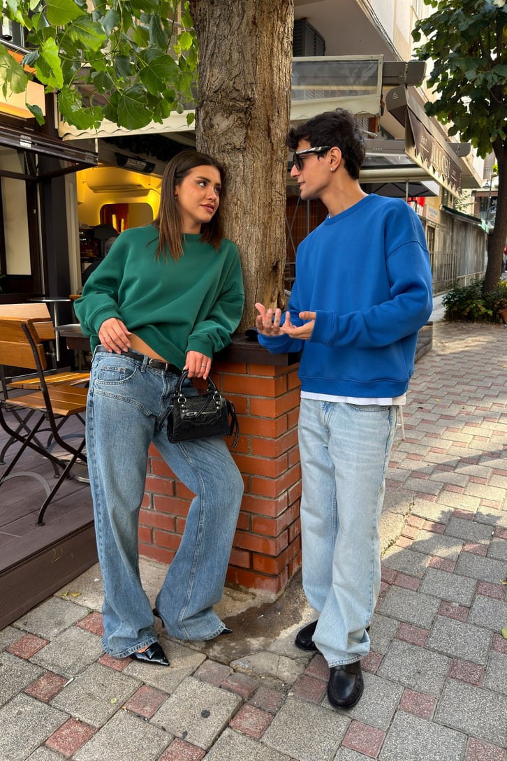 Nakışlı Bisiklet Yaka Boxie Sweatshırt