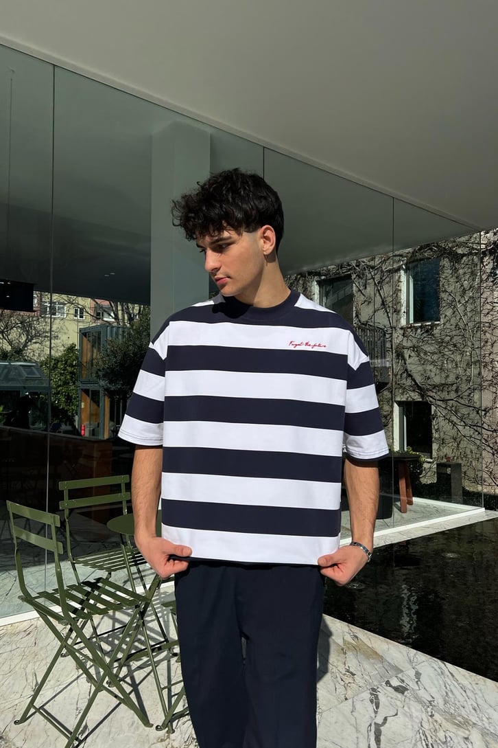 Nakışlı Çizgili Lacivert Oversize Tişört