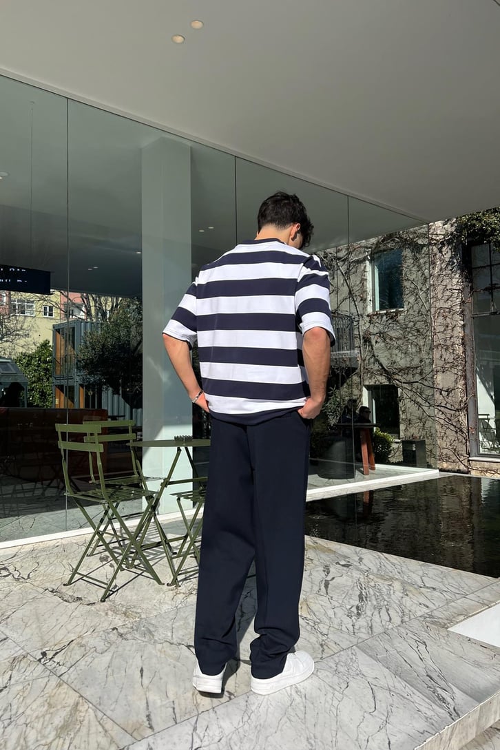Nakışlı Çizgili Lacivert Oversize Tişört