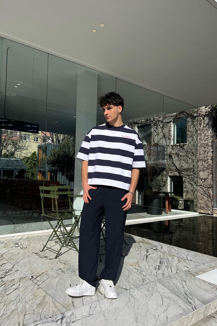 Nakışlı Çizgili Lacivert Oversize Tişört