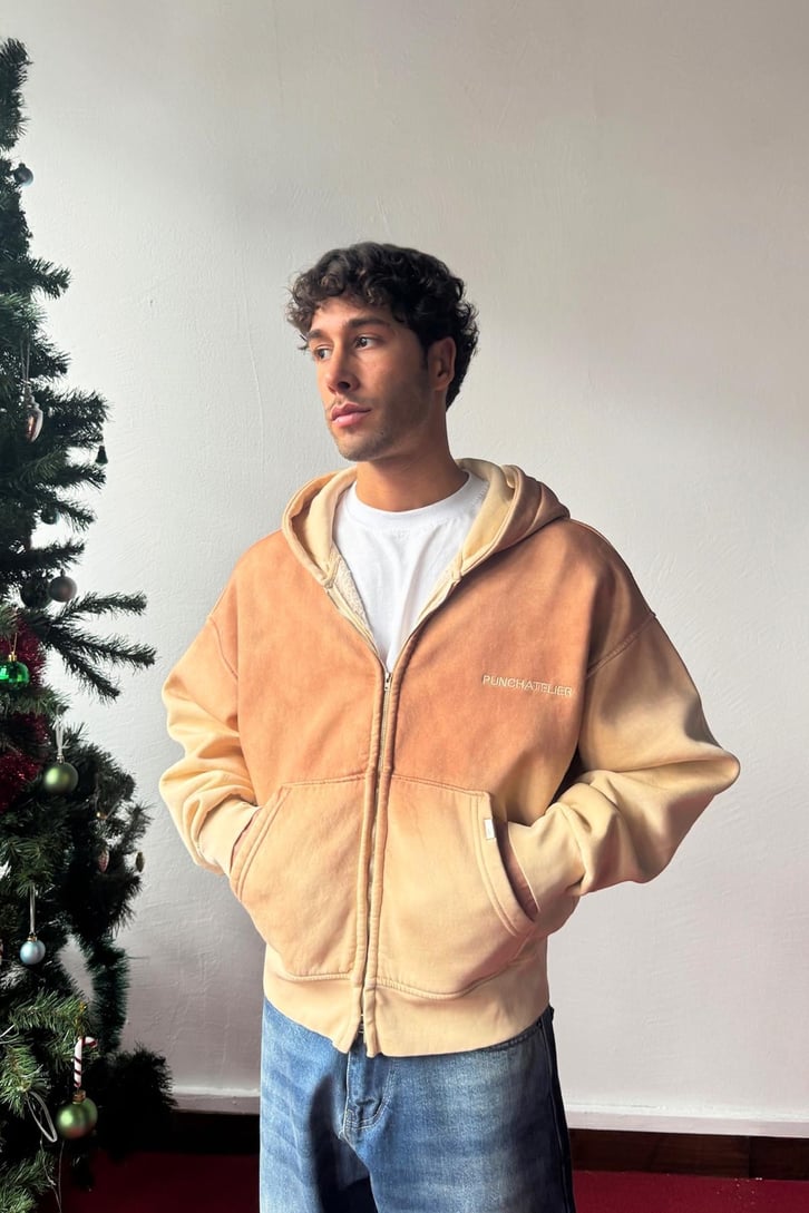 Nakışlı Crop Zip Hoodie Bej