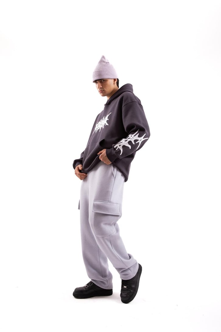 Nakışlı Füme Oversize Hoodie