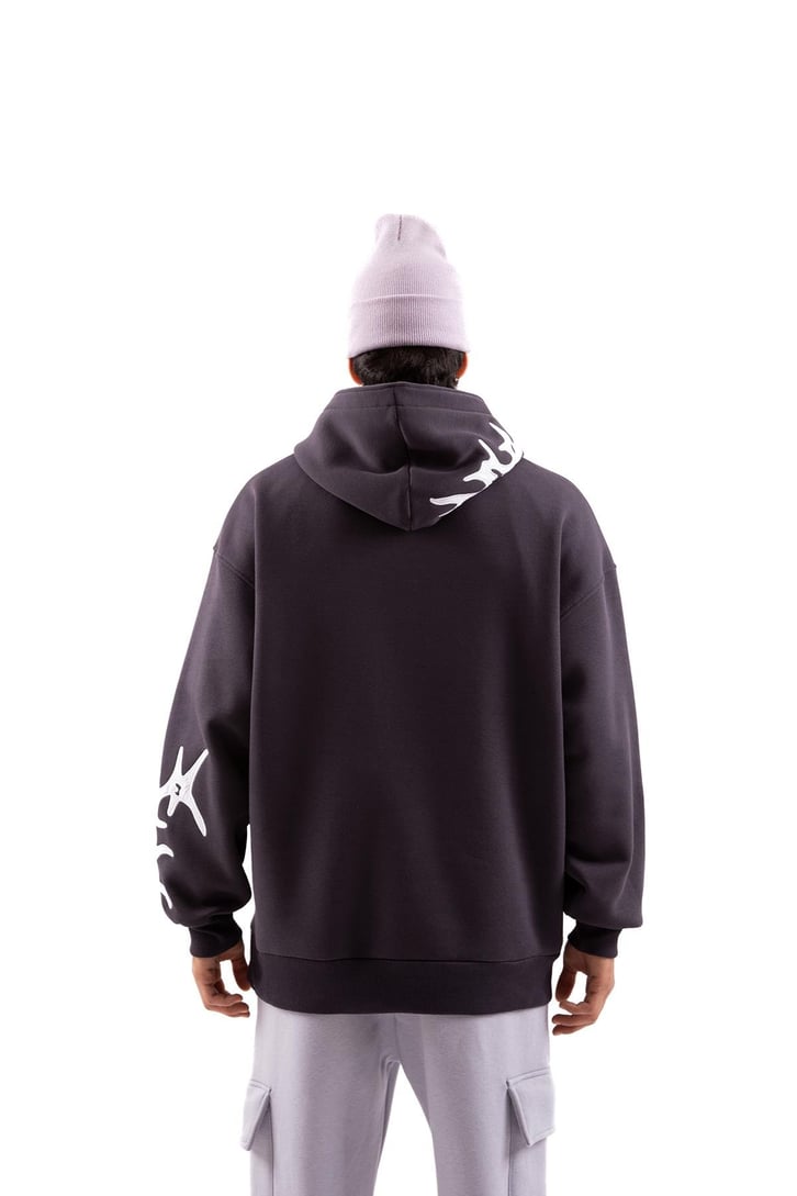 Nakışlı Füme Oversize Hoodie