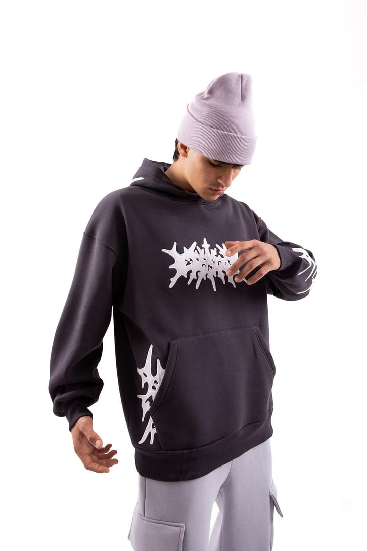 Nakışlı Füme Oversize Hoodie