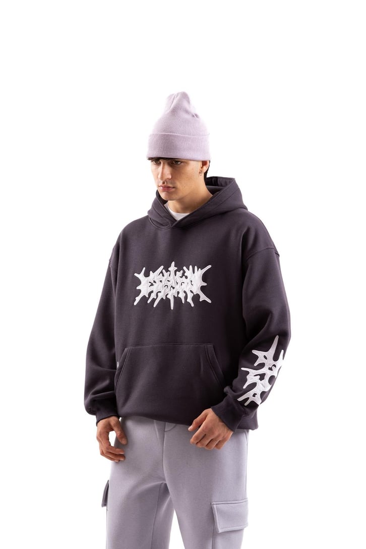 Nakışlı Füme Oversize Hoodie