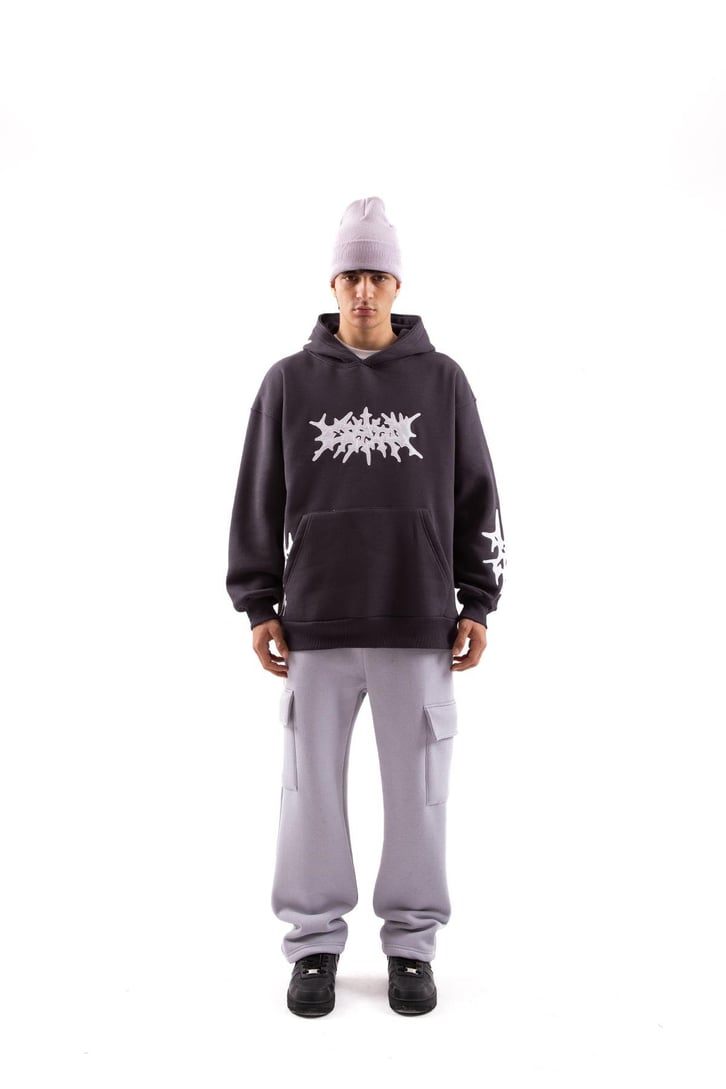 Nakışlı Füme Oversize Hoodie