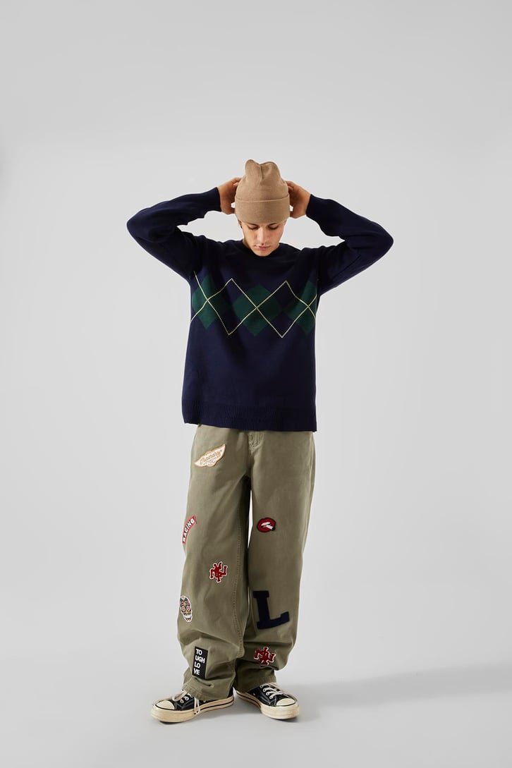 Nakışlı Haki Baggy Pantolon