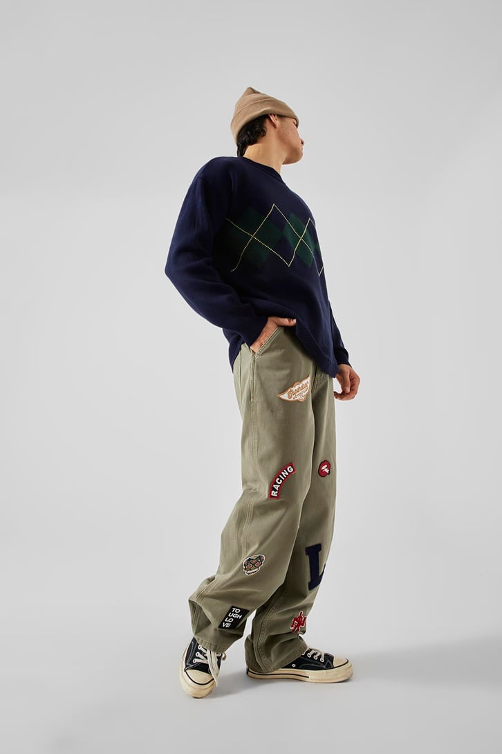 Nakışlı Haki Baggy Pantolon