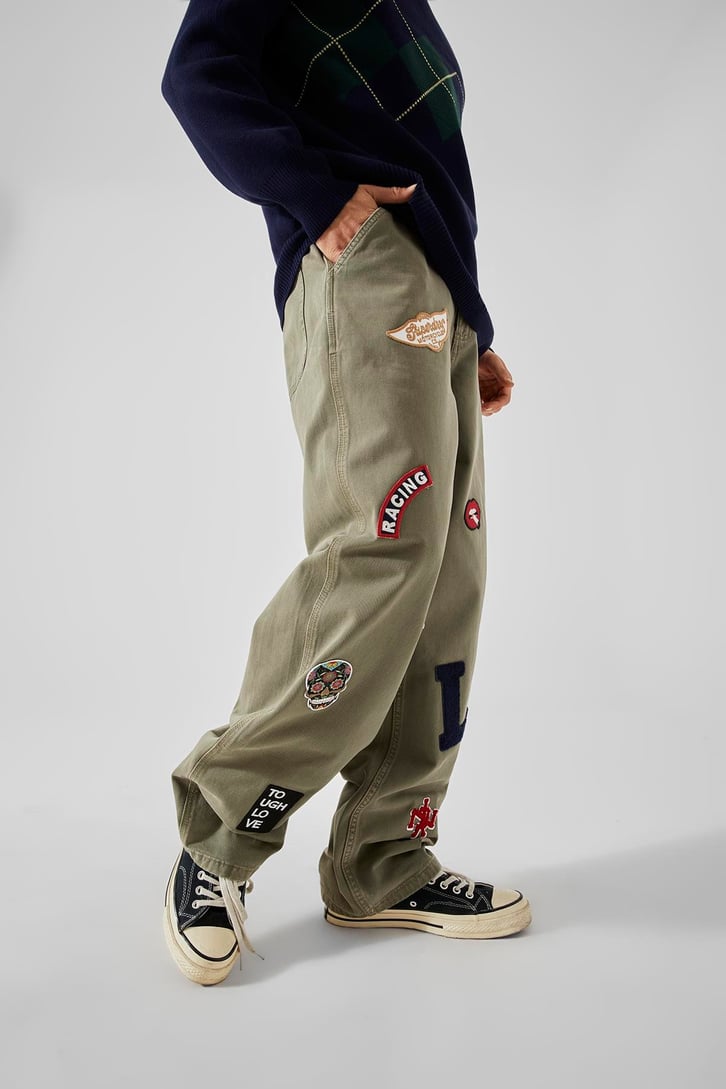 Nakışlı Haki Baggy Pantolon