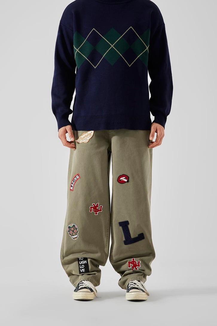 Nakışlı Haki Baggy Pantolon