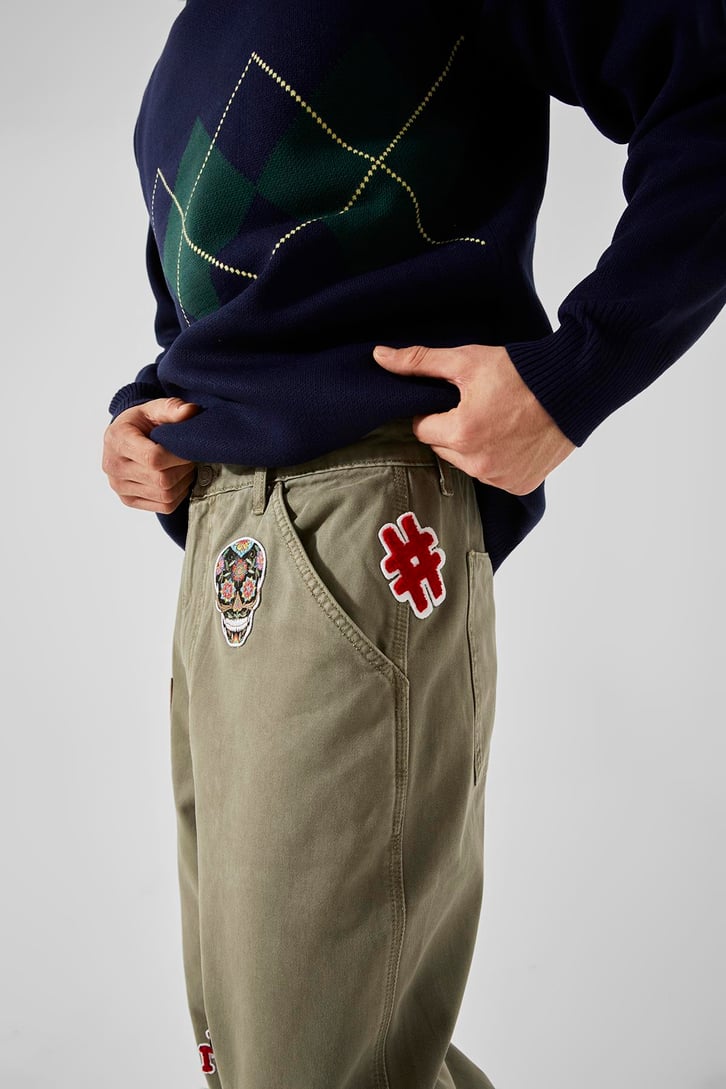 Nakışlı Haki Baggy Pantolon