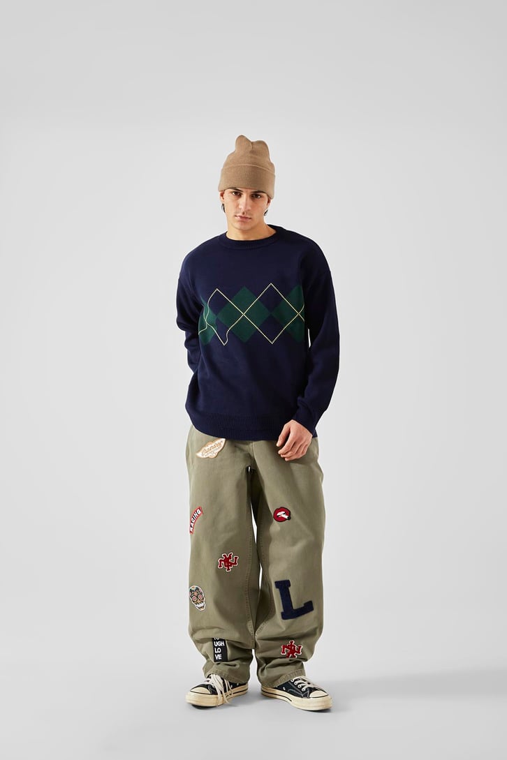 Nakışlı Haki Baggy Pantolon