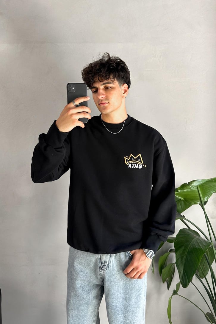 Nakışlı King Baskılı Oversize Sweatshirt