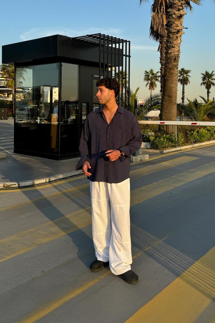 Nakışlı Lacivert Oversize Gömlek
