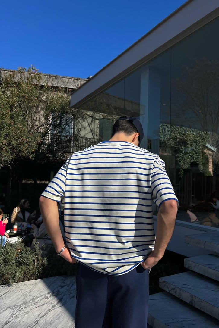 Nakışlı Yatay Çizgili Bordo Oversize Tişört