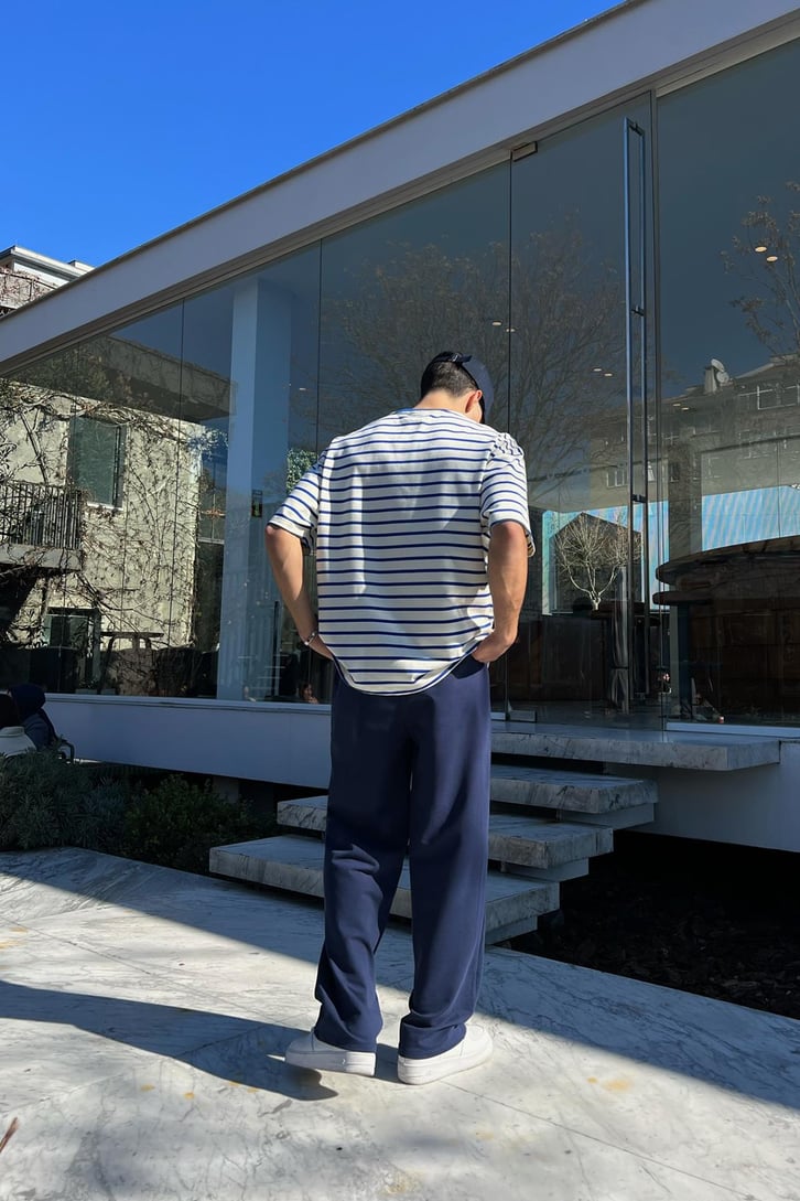 Nakışlı Yatay Çizgili Bordo Oversize Tişört