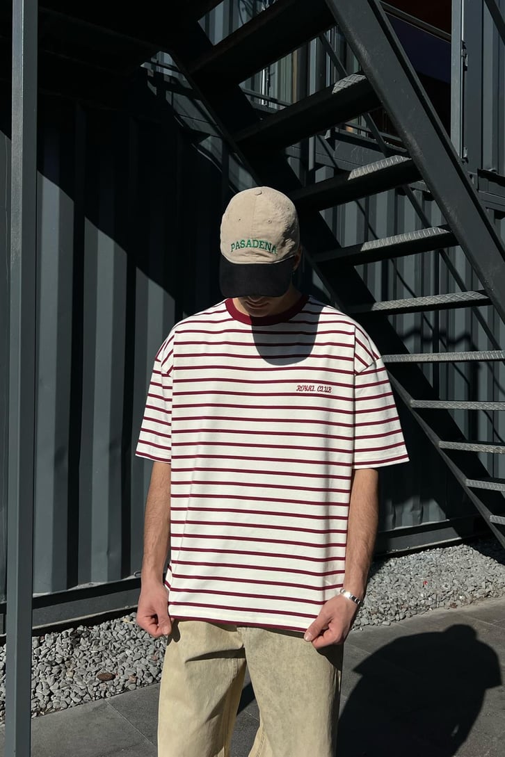 Nakışlı Yatay Çizgili Bordo Oversize Tişört