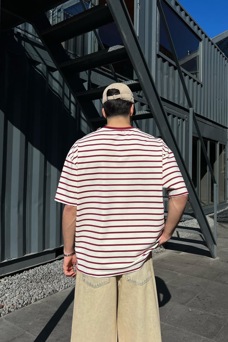 Nakışlı Yatay Çizgili Bordo Oversize Tişört