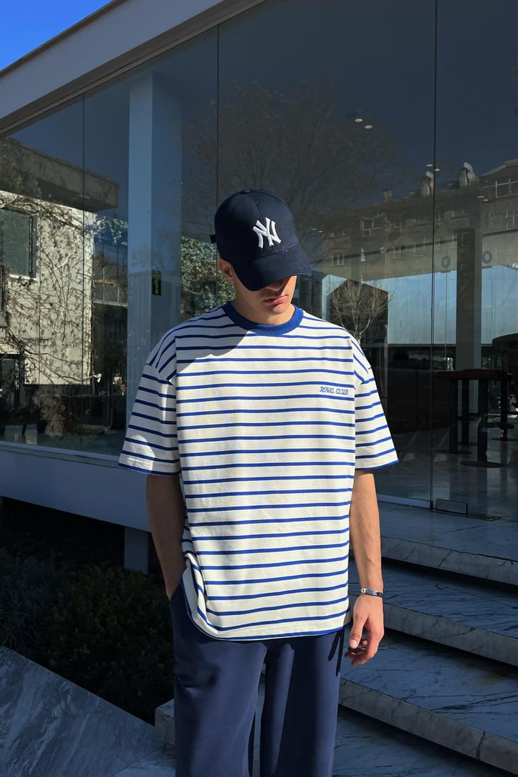 Nakışlı Yatay Çizgili Bordo Oversize Tişört