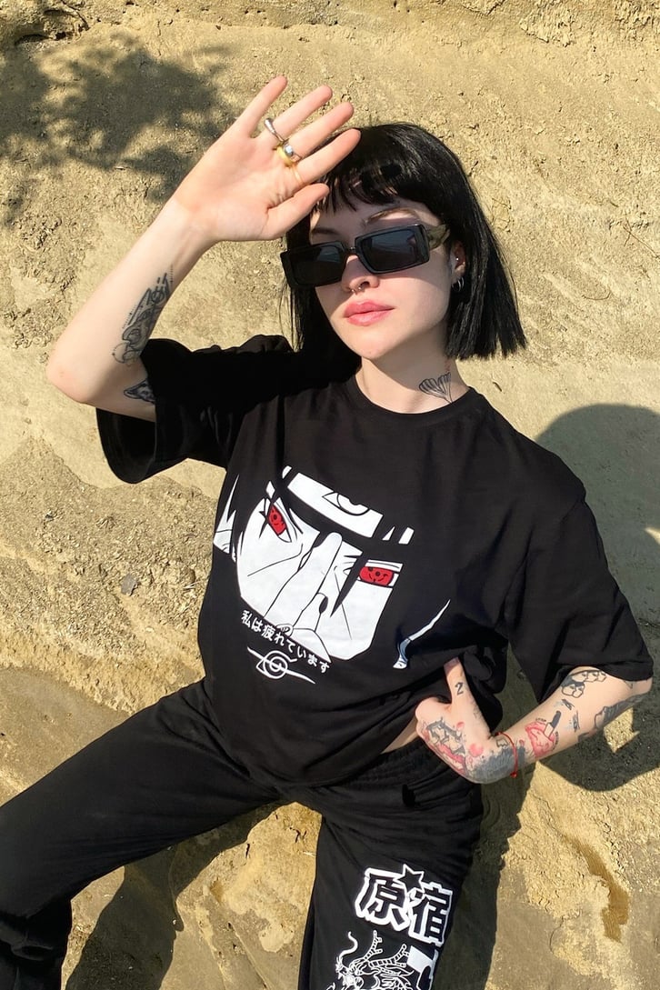 Naruto Baskılı Oversize Siyah Tshirt