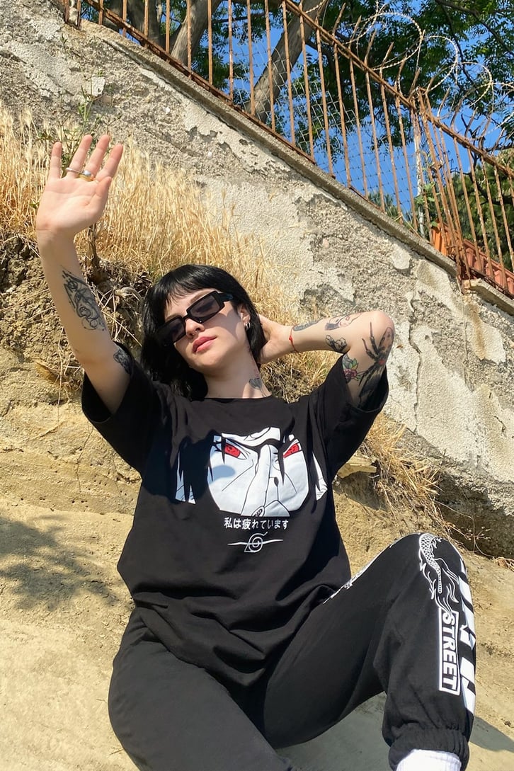 Naruto Baskılı Oversize Siyah Tshirt