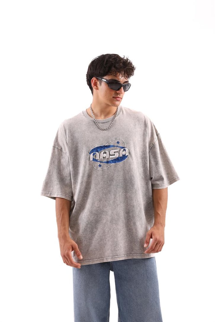 Nasa Nakışlı Acid Wash Oversize Tişört