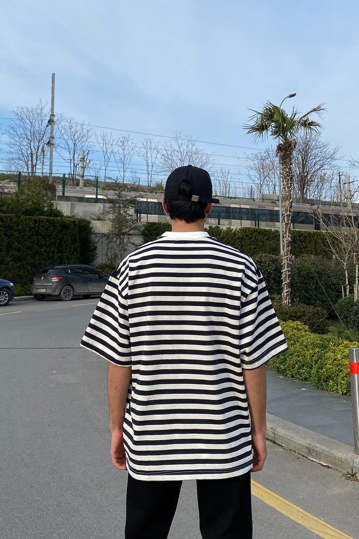 Navy Blue and White Color Block Oversize Tshirt