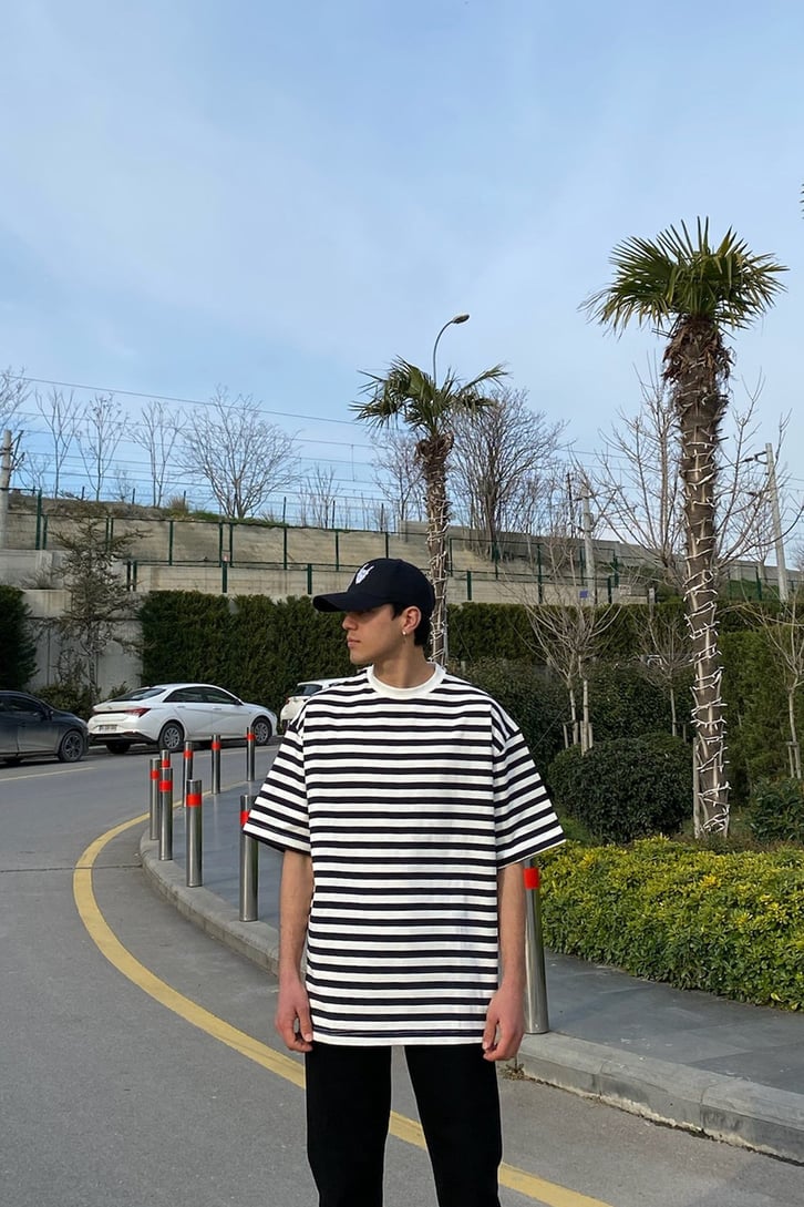 Navy Blue and White Color Block Oversize Tshirt