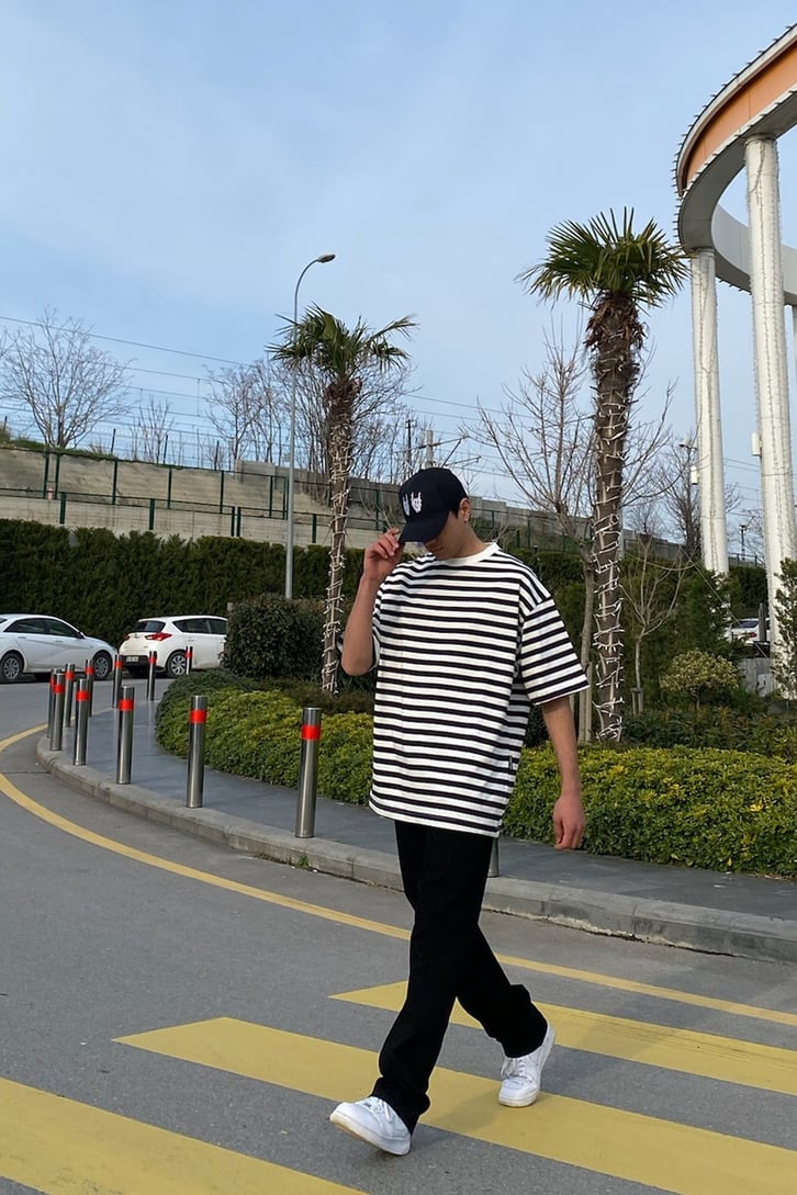 Navy Blue and White Color Block Oversize Tshirt