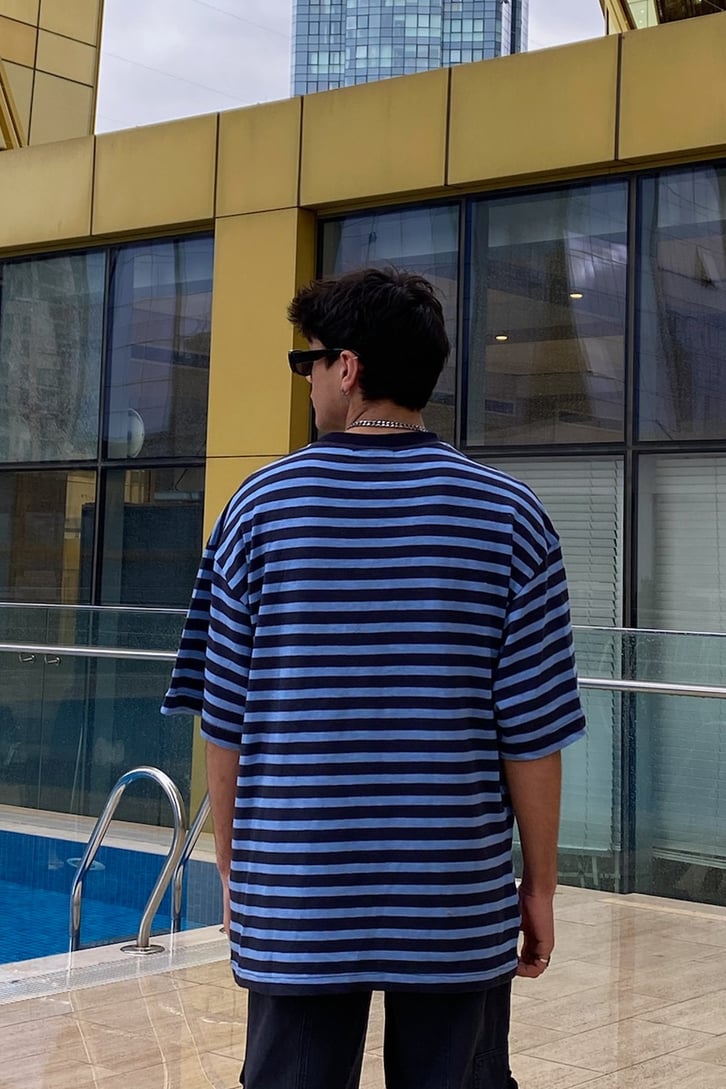 Navy Blue Çizgili Oversize Basic Tshirt