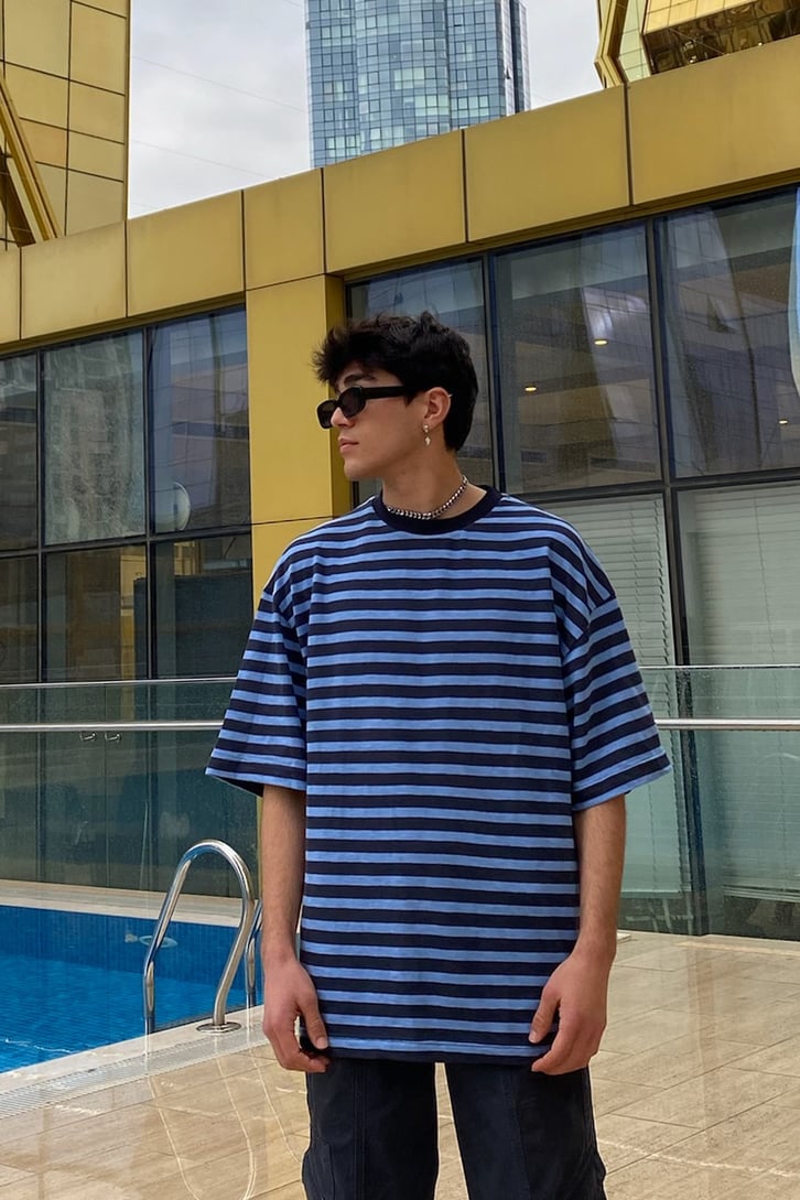 Navy Blue Çizgili Oversize Basic Tshirt