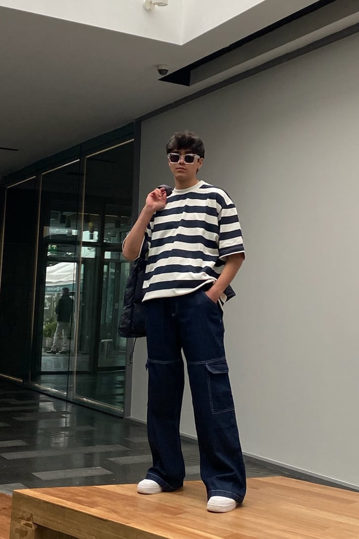 Navy Blue Çizgili Oversize Tshirt