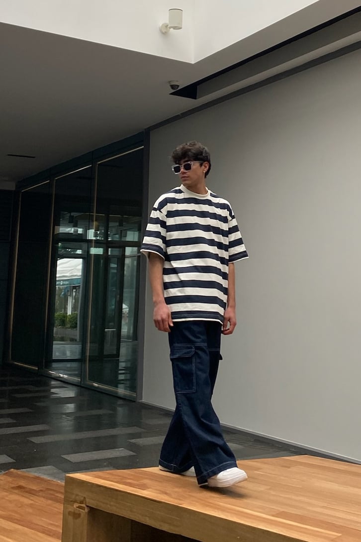 Navy Blue Çizgili Oversize Tshirt