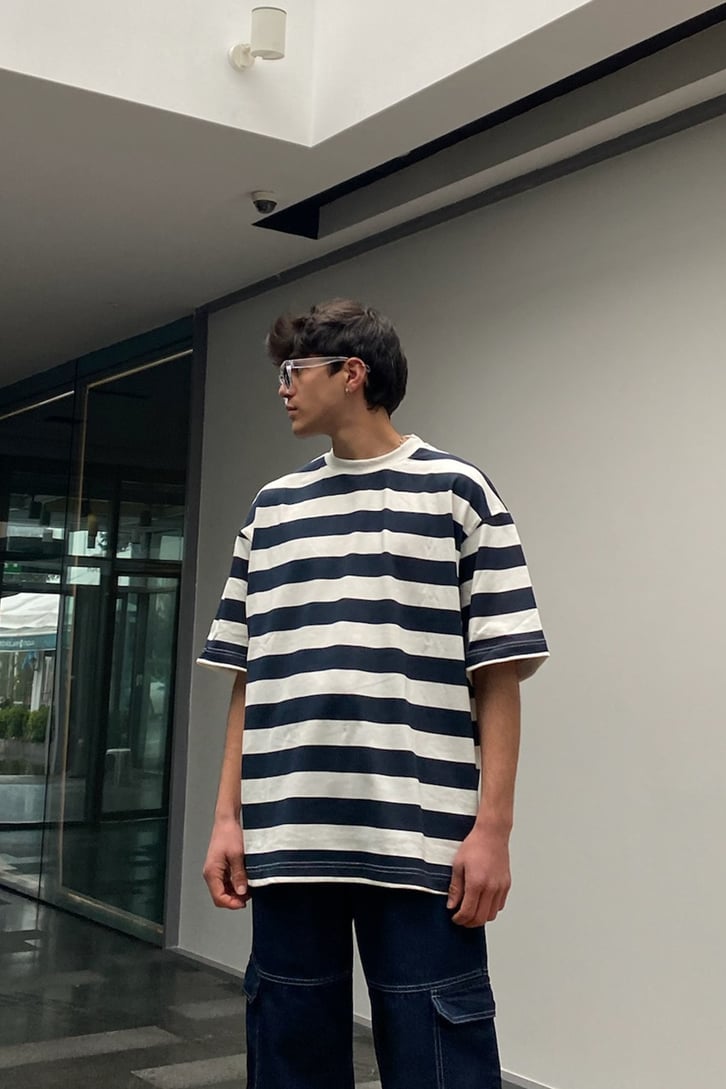 Navy Blue Çizgili Oversize Tshirt